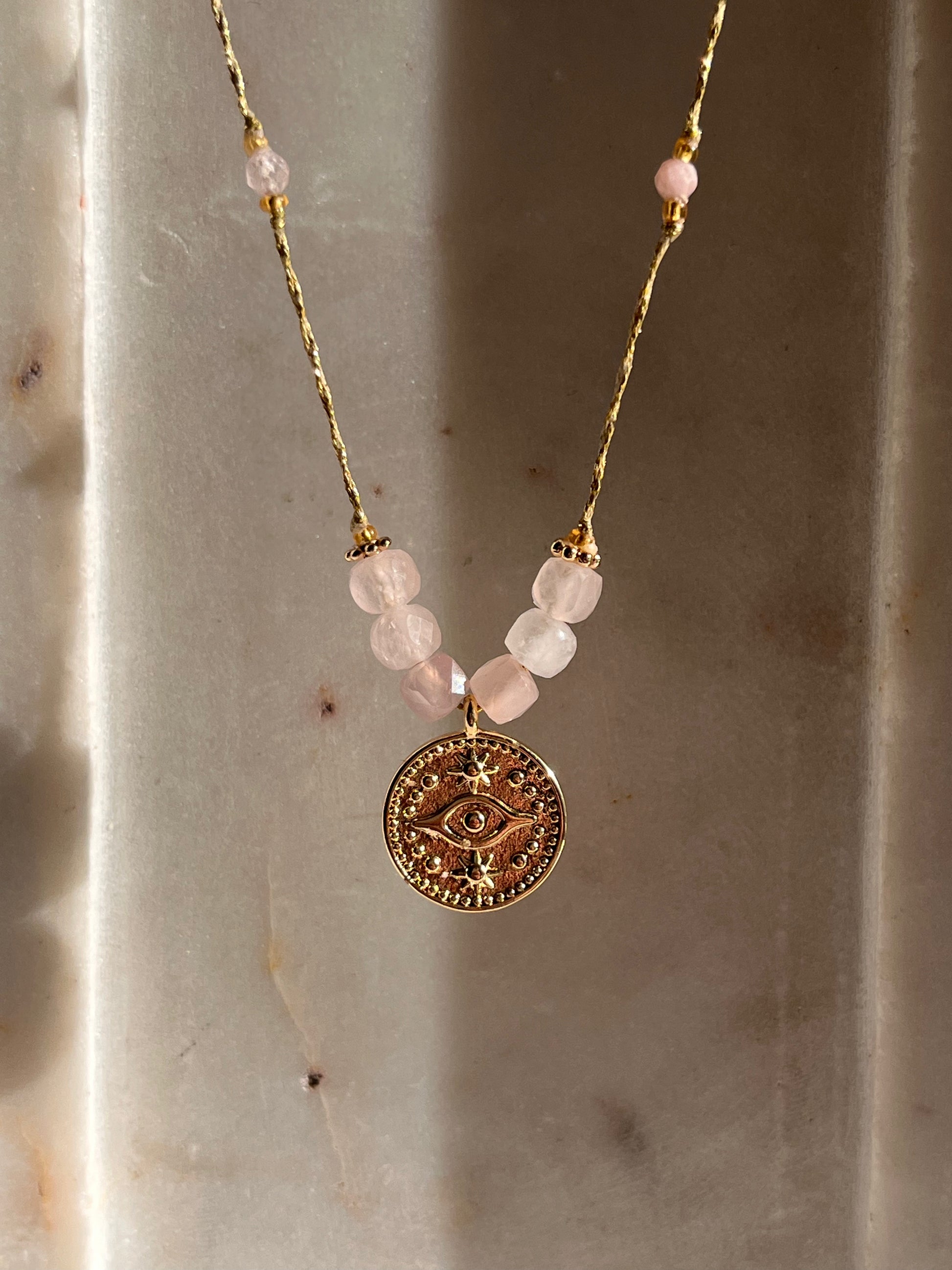 Evil Eye Necklace - Rose Quartz - Thread and Stone Jewellery